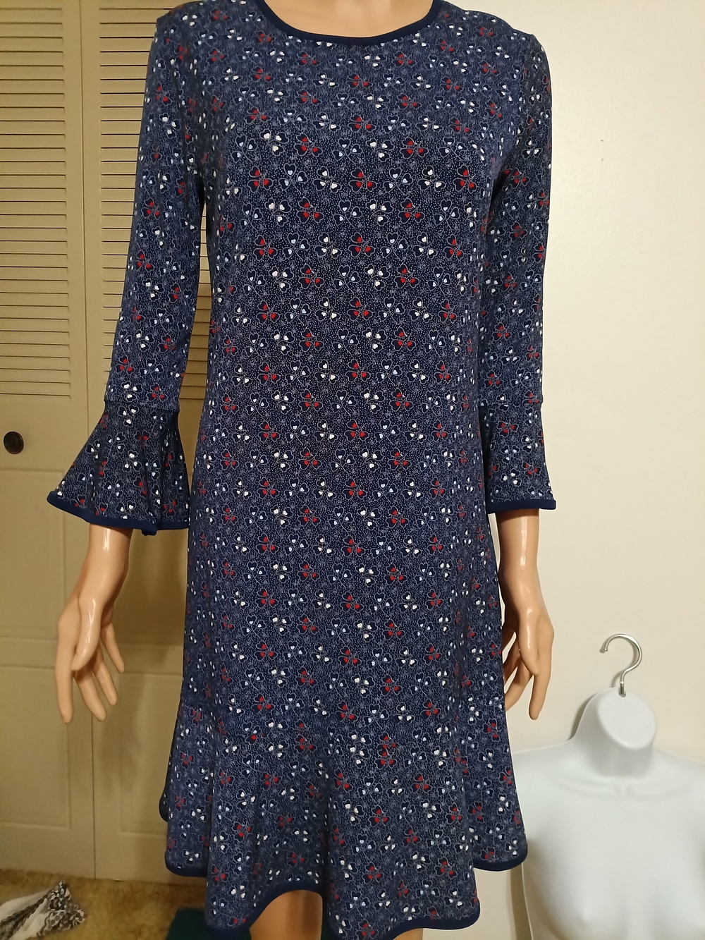 Michael Kors Navy Floral Midi A-Line Dress with Bell Sleeves